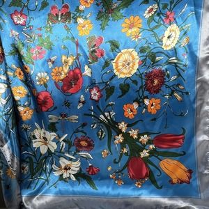 Silky Scarf Scarves Blue Flower Floral Tulips Dragonflies Lilies Butterflies